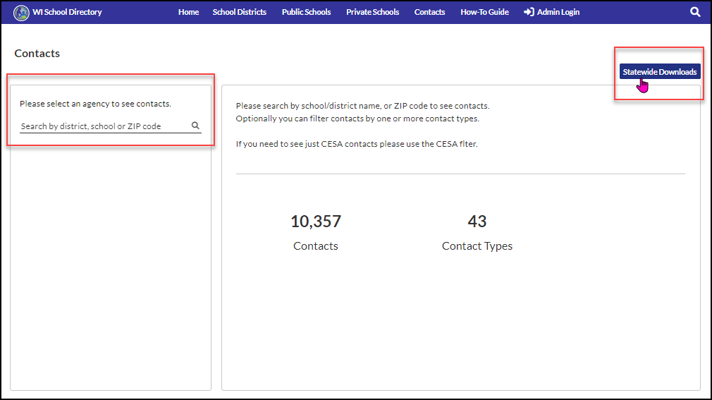 School directory, contacts, search bar option or click Statewide Downloads button