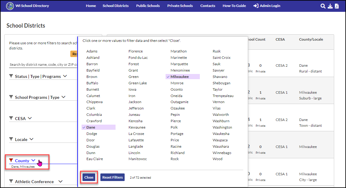 School Directory County filter 