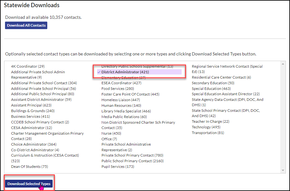 School directory, contacts, District Administrator selected