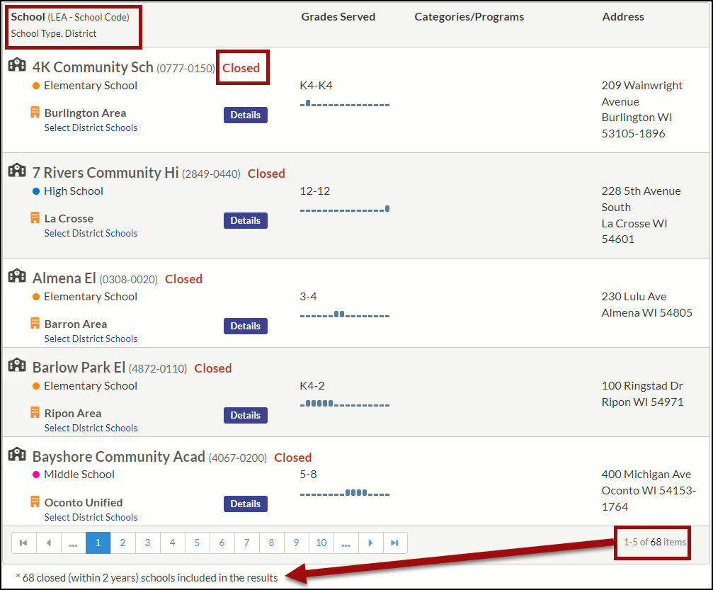 Screenshot showing the first five closed schools from a list of 68 results.