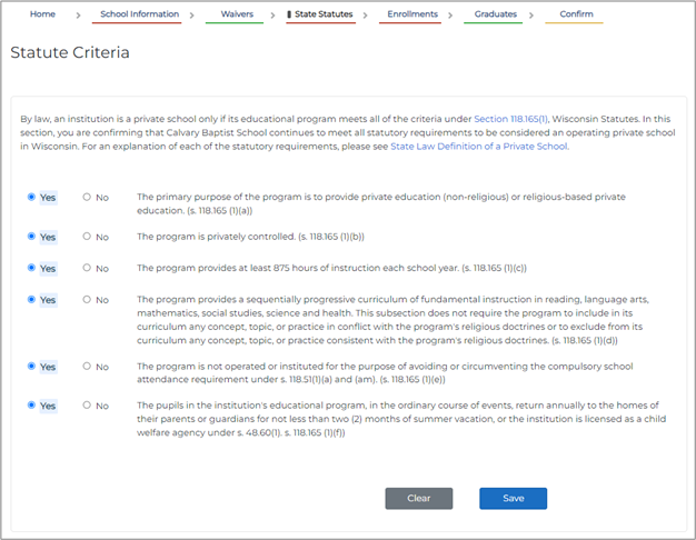 screenshot of entering state statute criteria on the pi-1207 application