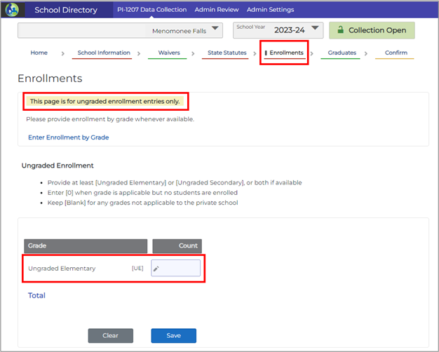 PI-1207 Ungraded Enrollment entries screenshot