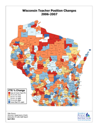 large thumbnail map of Wisconsin showing teacher losses by school district for the 2006-2007 school year
