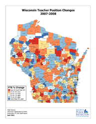 large thumbnail map of Wisconsin showing teacher losses by school district for the 2007-2008 school year