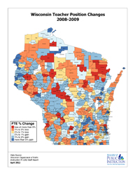 large thumbnail map of Wisconsin showing teacher losses by school district for the 2008-2009 school year
