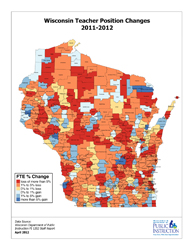 large thumbnail map of Wisconsin showing teacher losses by school district for the 2011-2012 school year