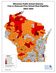 large thumbnail map of Wisconsin showing free and reduced school meal eligibility by school  district for the 2003-04 school year
