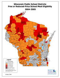 large thumbnail map of Wisconsin showing free and reduced school meal eligibility by school  district for the 2004-2005 school year