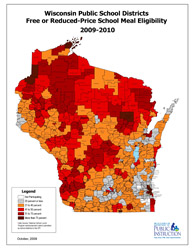 large thumbnail map of Wisconsin showing free and reduced school meal eligibility by school  district for the 2009-2010 school year