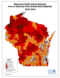 large thumbnail map of Wisconsin showing free and reduced school meal eligibility by school  district for the 2010-2011 school year