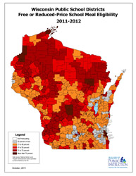large thumbnail map of Wisconsin showing free and reduced school meal eligibility by school  district for the 2011-2012 school year
