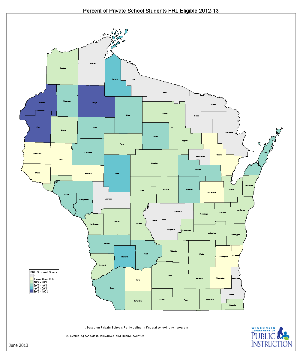large thumbnail map of Wisconsin showing percentage of students eligible for free/reduced price meals in 2012-2013