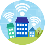 Houses and apartment buildings with wifi signals