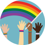 Hands with different skin tones reaching up towards a waving rainbow pride flag